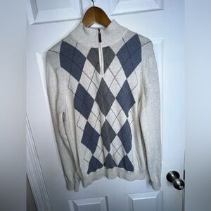 Tasso Elba Men’s Small Gray Blue Argyle 100% Cotton Knit 1/4 Zip Sweater Classic